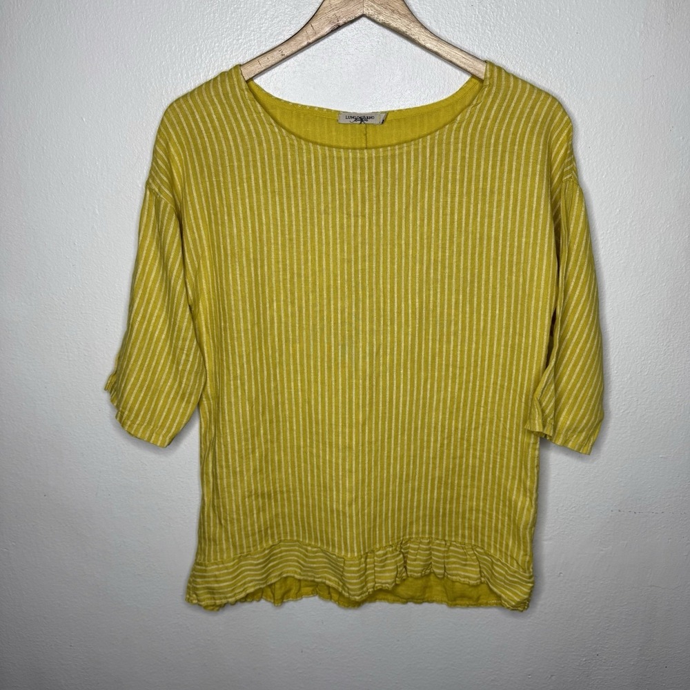 Lungo L'arno Linen Yellow Stripe Ruffle Hem‎ Shirt Top Lagenlook Womens Small